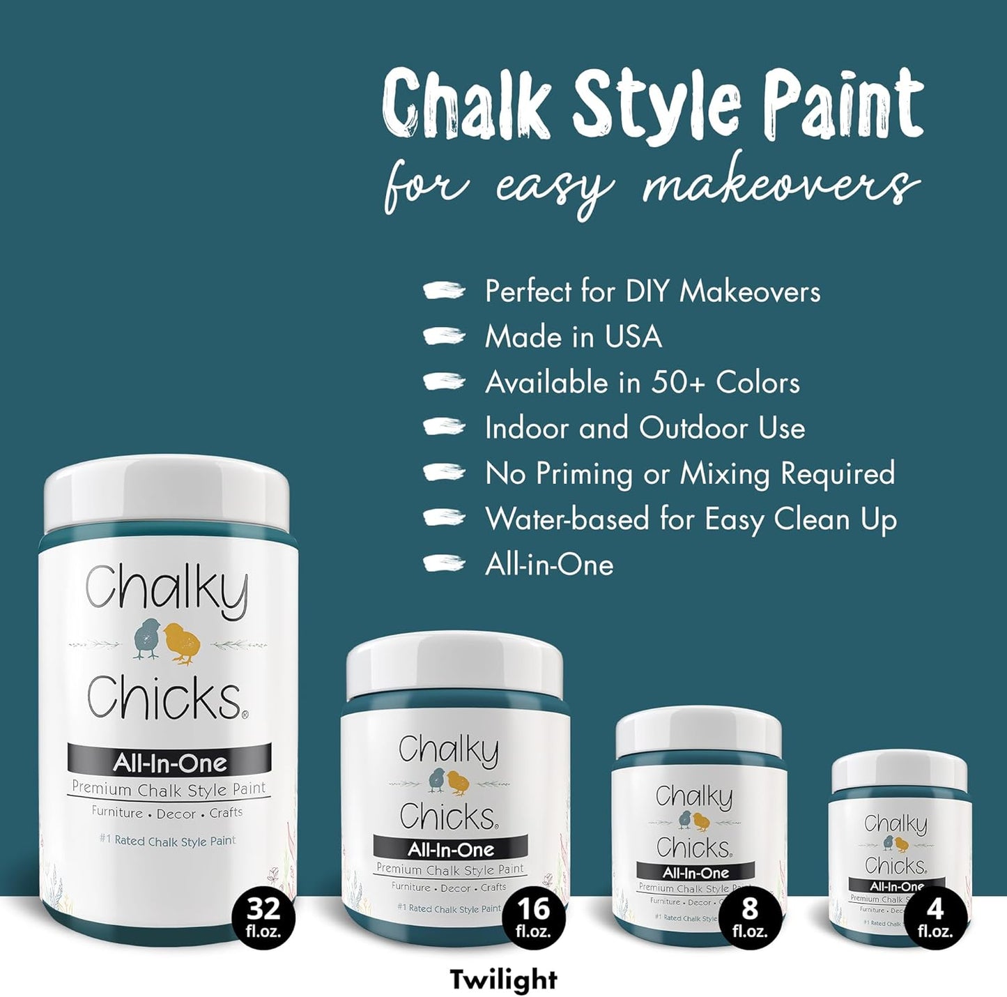 Chalky Chicks All-in-One Chalk Paint for Furniture or Cabinet - 4 Fl Oz - Matte Finish Twilight (Teal Blue) for Metal, Wood Furniture Paint - No Sanding All-in-One for Home Decor & Crafts, USA Made