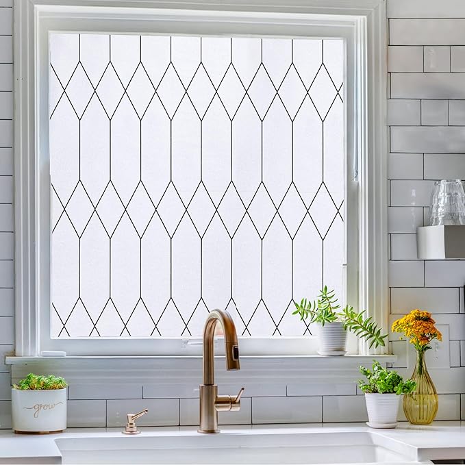 Windimiley Window Privacy Film Stained Glass Static Clings, Bathroom Frosted Leaded Decorative Window Stickers, UV Heat Blocking Opaque Removable for Home Door Coverings (29.5 x 78.7 in,White)