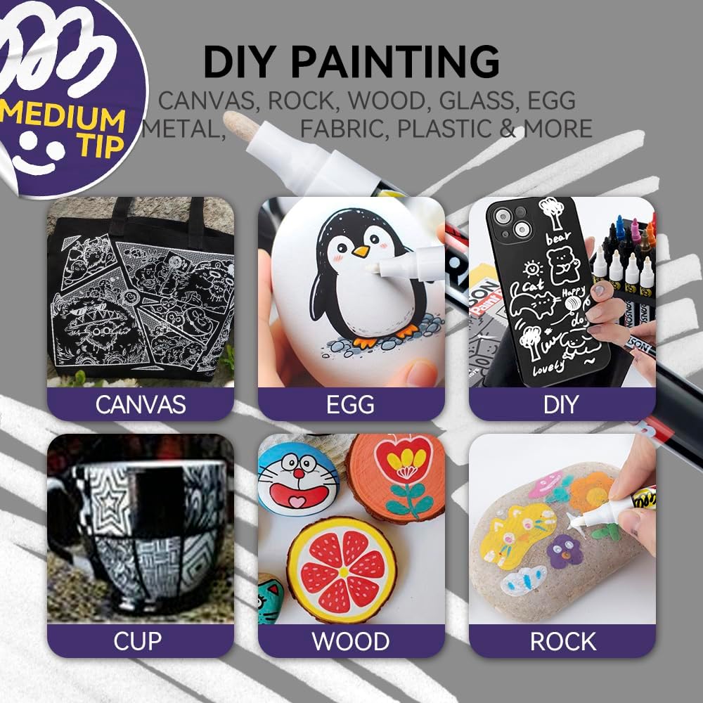 TRANSON 2 White Permanent Paint Markers for Fabric Rock Craft Diy Painting Medium Tip Oil Based Waterproof