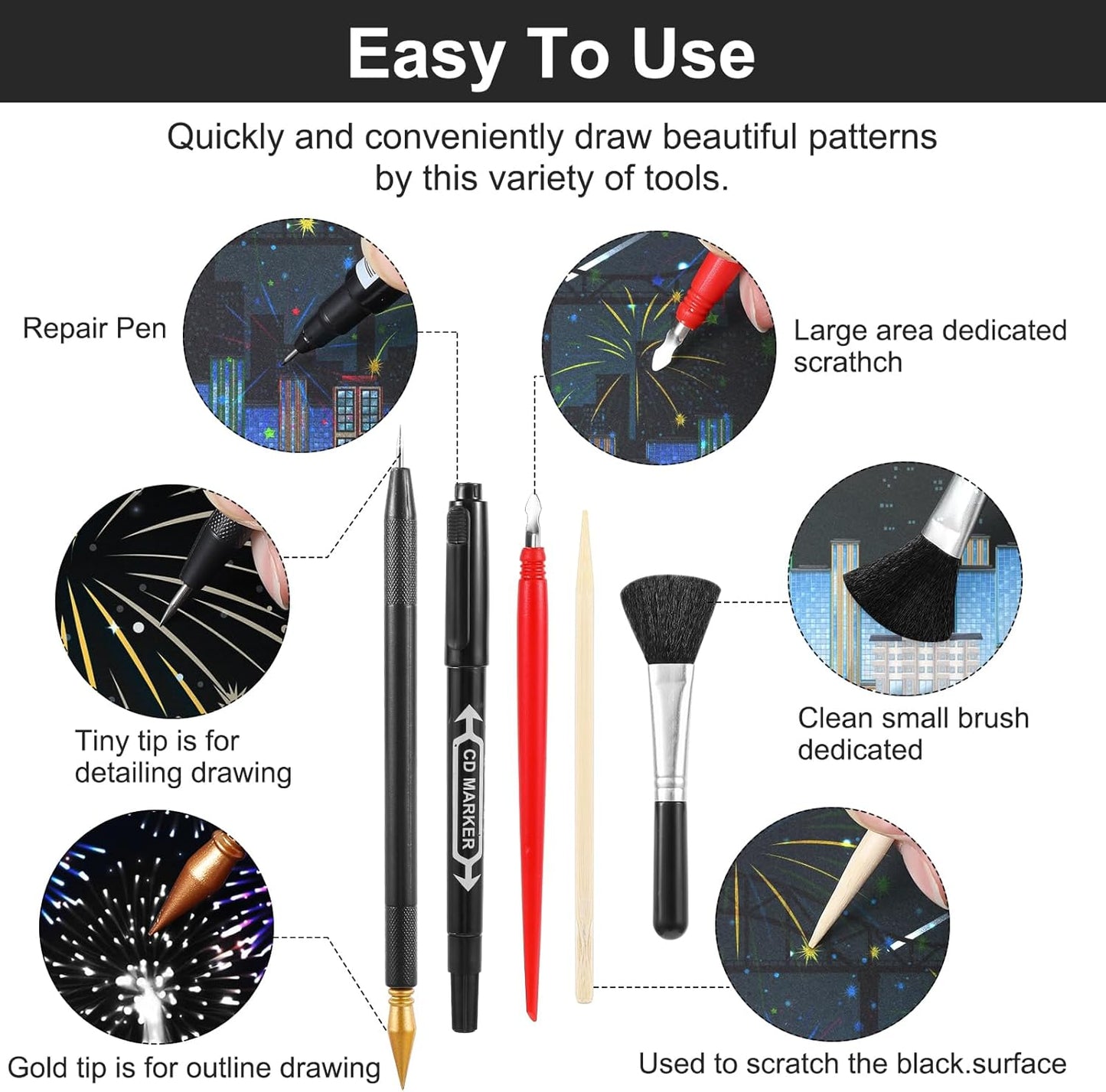 9Pcs Scratch Art Tools Set Including Artist Glove, Tool Bag, Scratch Coloring Pens, Plastic And Wooden Stylus, Scraper, Repair Pen, Clean Brush Scratchs Painting Drawing Tools for Adult Painting Paper