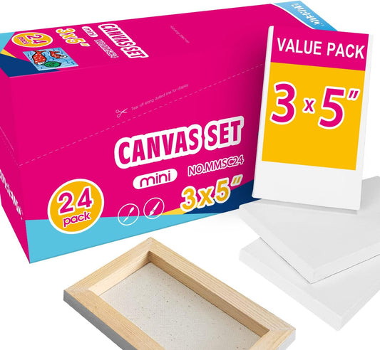 AUREUO Mini Stretched Canvas - 3x5 Inch/24 Pack - 2/5 Inch Profile Small Square Canvas - Gift Set Bulk Pack Canvases for Acrylic Painting & Craft