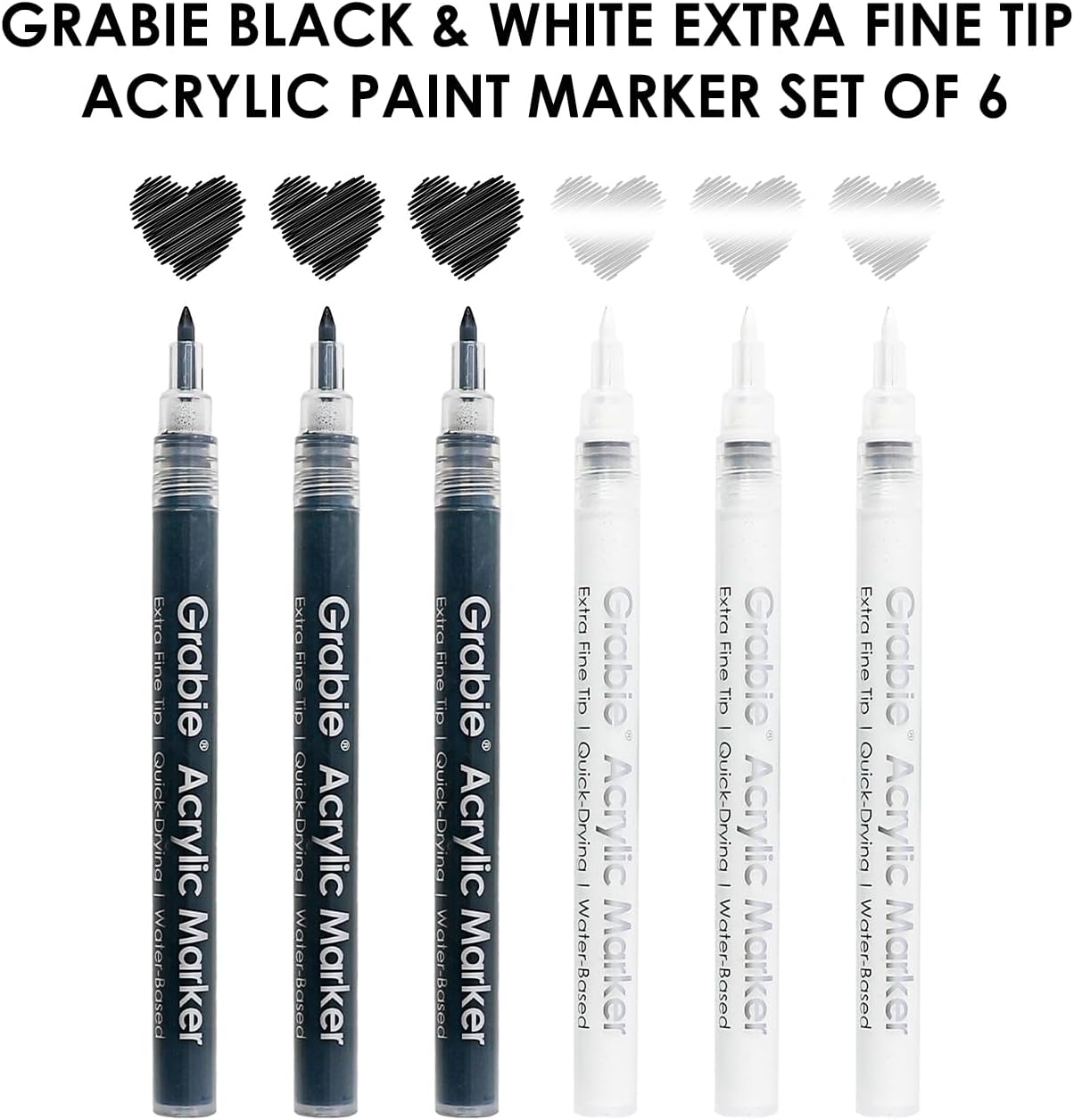 Grabie Black&White Extra Fine Tip Acrylic Paint Marker Set, 6 Pack, 0.7mm Acrylic Paint Pens for Highlights, White Highlight Markers