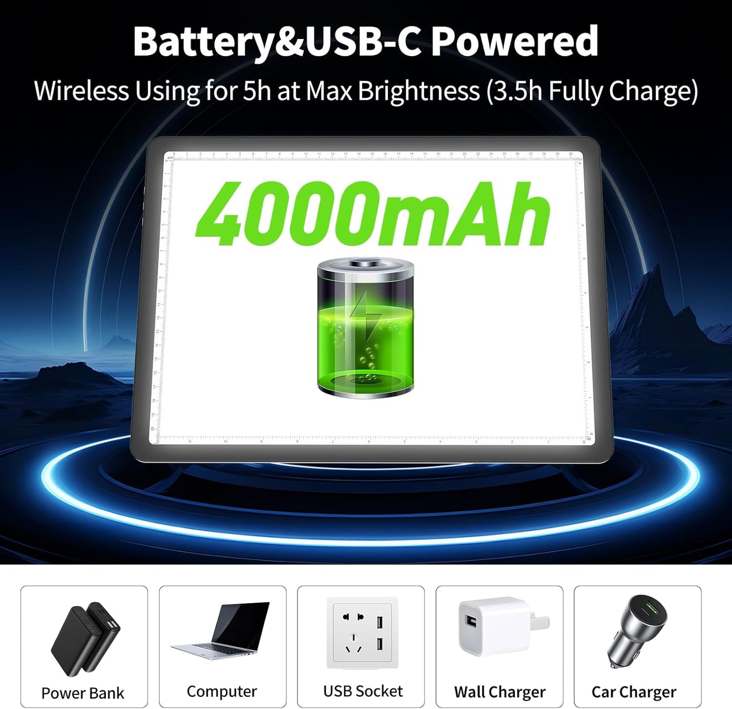 Phylosal Rechargeable A4 Light Pad with Carry Bag, Ultra-Thin Magnetic Tracing Light Box for Drawing, Diamond Art Painting Light Board with Side Button, Super Bright Light Table for Sketching (Black)