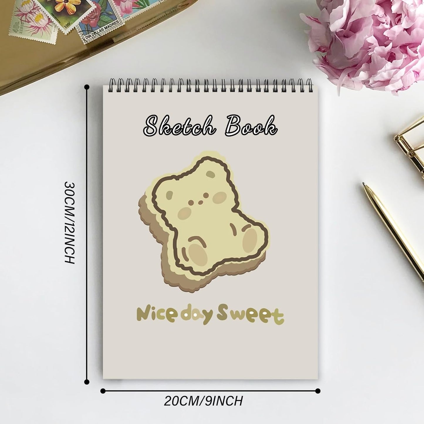 Deokke Sketchbook Top Spiral Bound Sketch Pad, 9 x 12 inch,100GSM Thick Paper,50 Sheets 100 Pages,Art Sketch Book Aesthetic Cute Drawing Writing Paper,for Girls Women-Bear