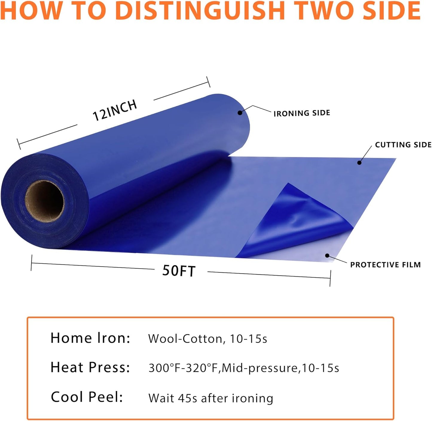 RENLITONG Blue Iron on Vinyl 12Inch by 50ft Roll HTV Heat Transfer Vinyl for T-Shirt HTV Rolls for All Cutter Machine - Easy to Cut & Weed for Heat Transfer Design