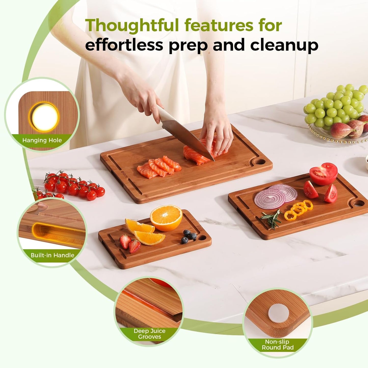 Bamboo Cutting Board for Kitchen, Wooden Cutting Board 3-Piece Set with Non-Slip Mat Deep Juice Groove and Built-In Handles, Wood Cutting Board for Meat Vegetables Fruit Ideal Gift for the Home
