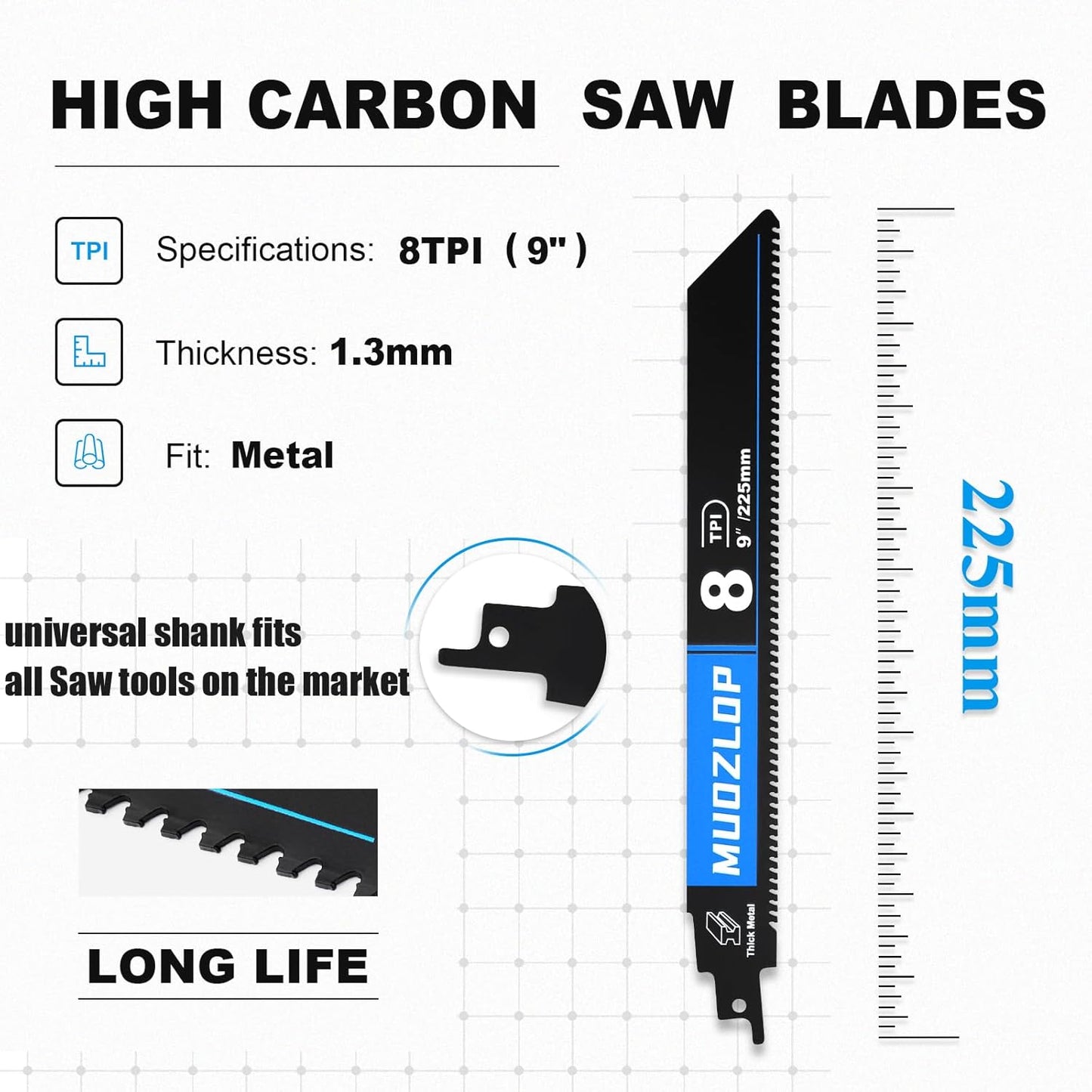 2 Pack 9 inch Reciprocating Saw Blades Set，8 TPI High Carbon Saw Blades for Metal ，Saw Blades with Organizer Case (2, 8T/9inch)