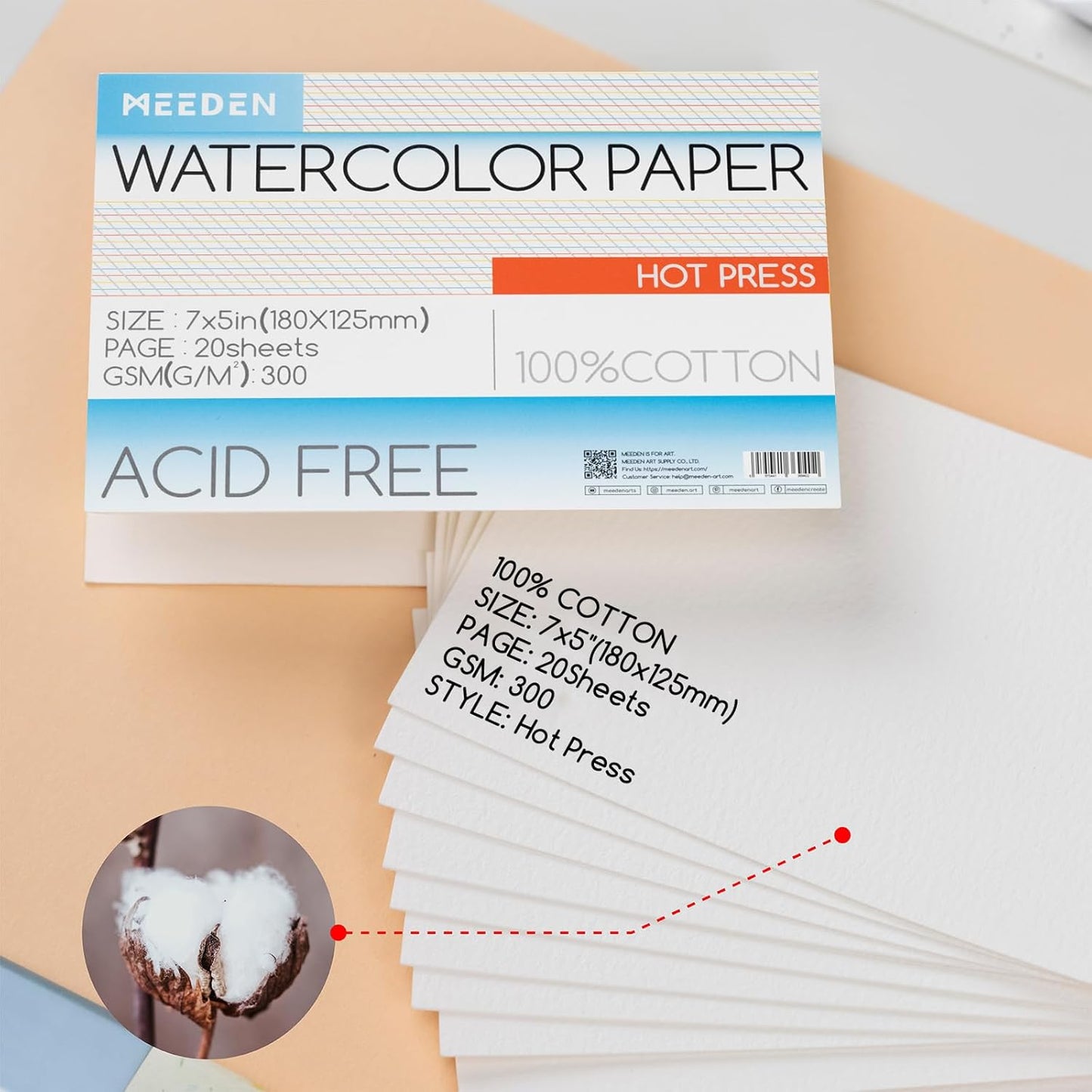 MEEDEN Watercolor Paper Block, 100% Cotton Watercolor Paper Pad of 20 Sheets, 140lb/300gsm, Acid-Free Art Paper for Watercolor, Gouache, Ink and More, 5" x 7" Hot Press