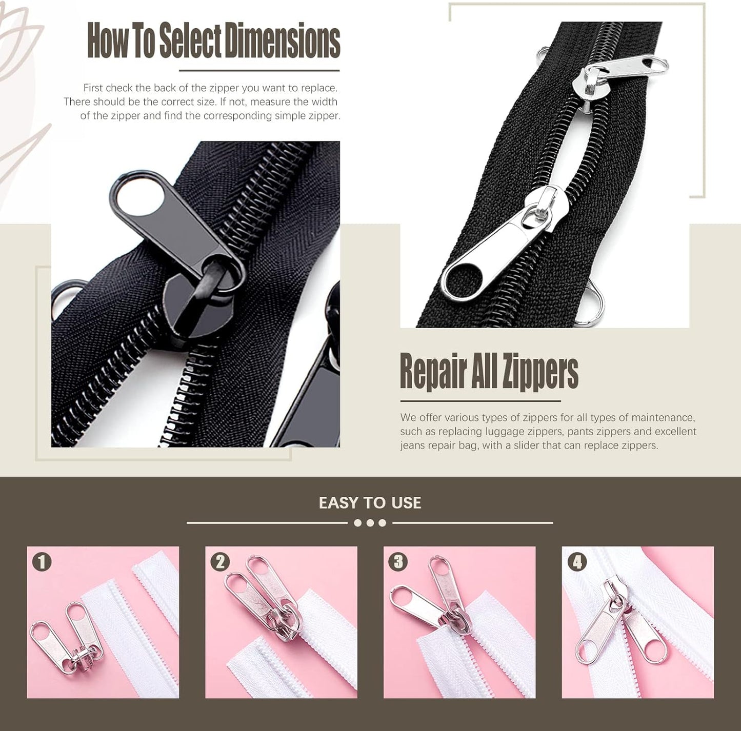 250Pcs Zipper Replacement Zipper Repair Fix Kit Zipper Slider Set for Fixing Luggage Bags, Coats, Jean, Jackets, Tents