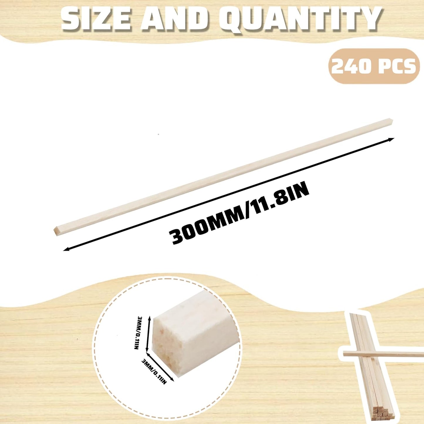 240Pcs Wood Square Dowel Rods 1/8 x 1/8 x 12 inch,Balsa Wood for Crafts,Model Making (1/8"x12"-240pcs)