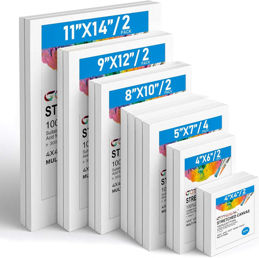 Gotideal Canvas for Painting, 14 Pcs Muti Pack Stretched Painting Canvas, Blank Paint Canvas for Acrylic, Oil, Art Supplies for Artists, Adults 4x4,4x6, 5x7, 8x10,9x12, 11x14 Set of 14
