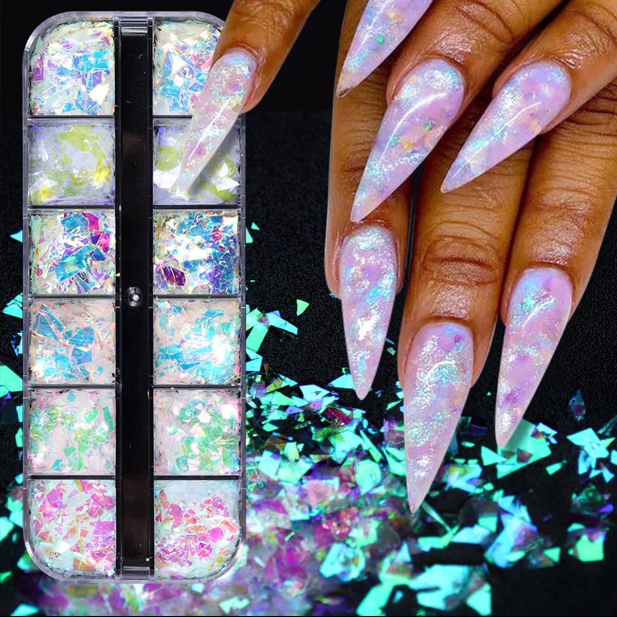 12 Colors Holographic Glitter Nail Art Sequins Aurora Iridescent Nail Flakes Glitter Chameleon Flakes Irregular Ice Slag Glass Paper Ultra Thin Mermaid Nail Glitter for Nail Art Make-up DIY Decoration
