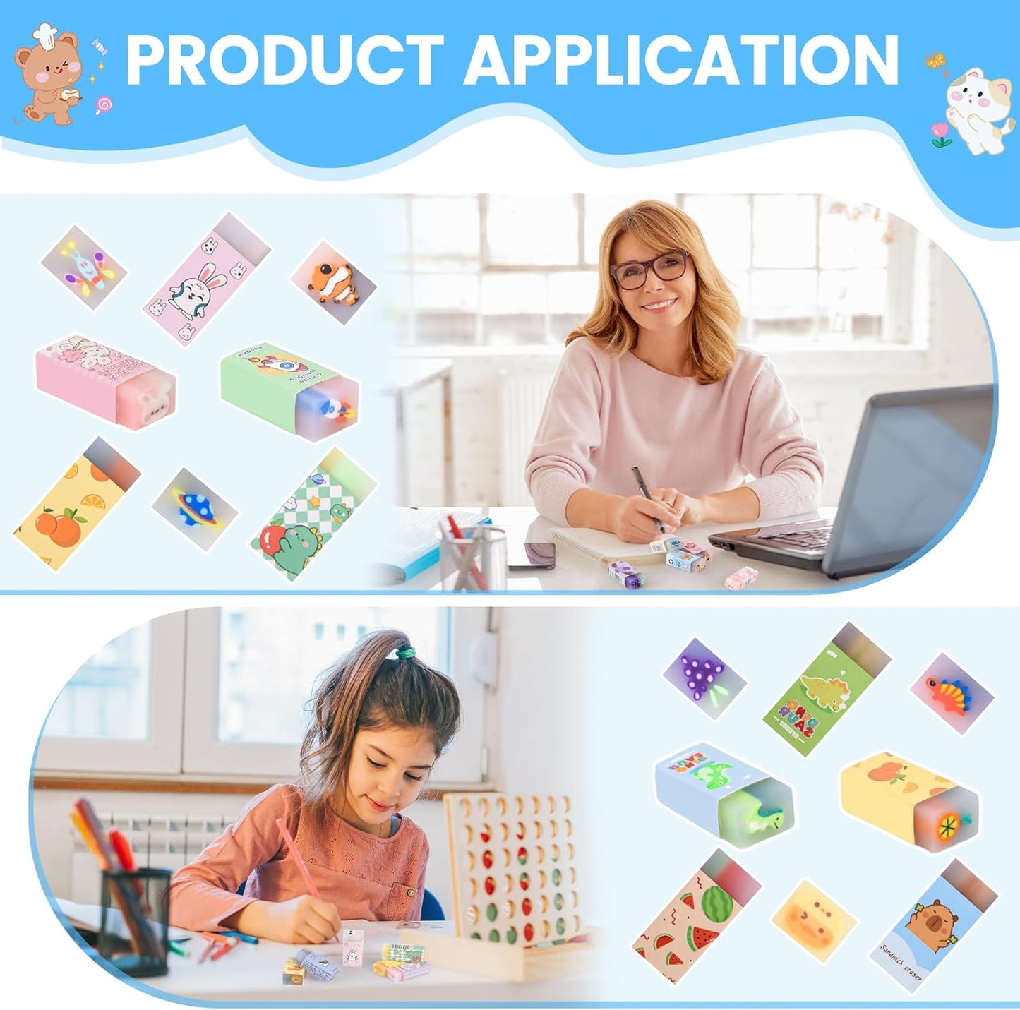 100 Pcs Cute Eraser for Kids Bulk Kawaii Erasers for Classroom Fun Erasers for Back to School Supplies Kid Party Favors Gift