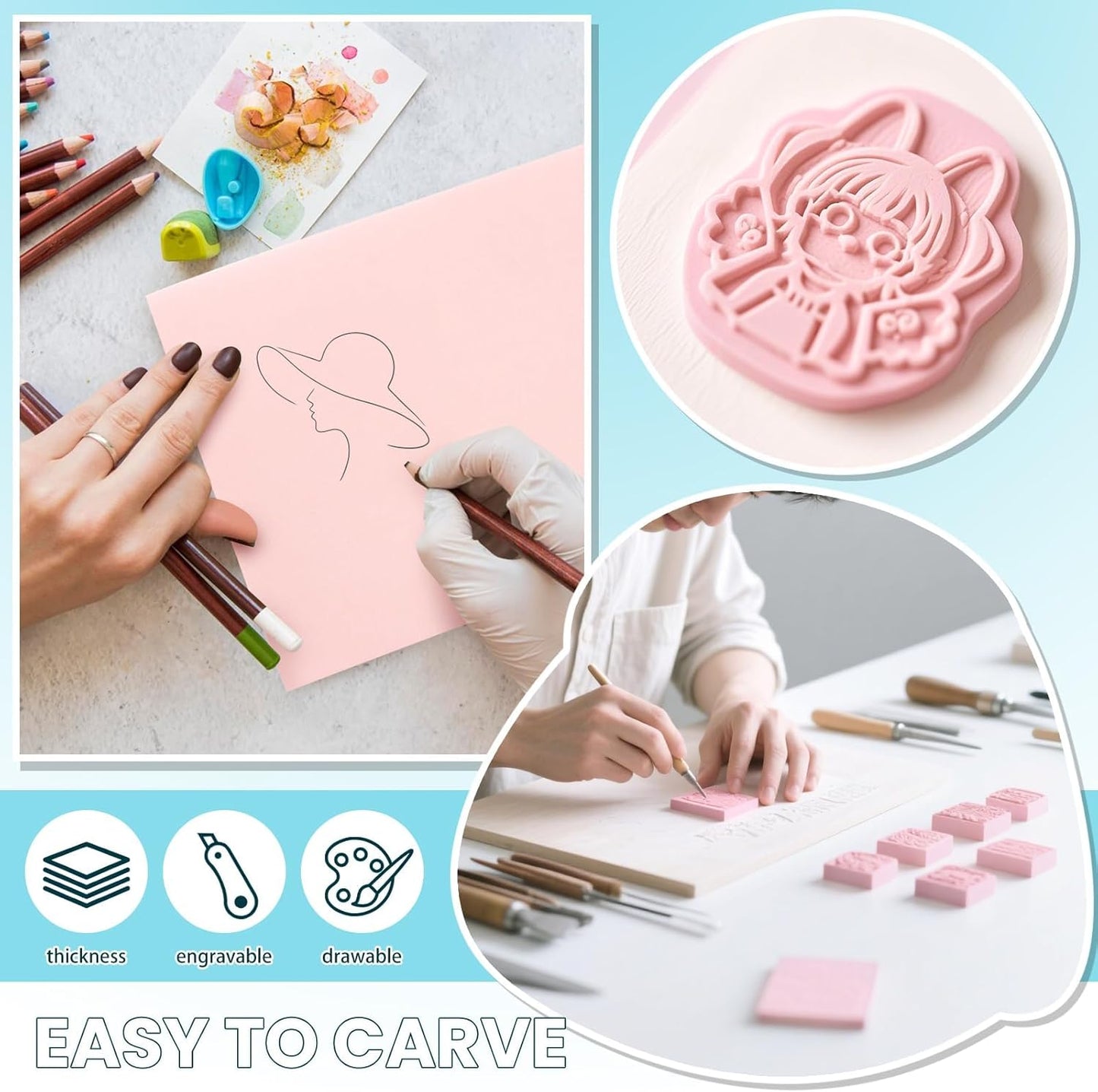 6 Pack 8''x10'' Pink Rubber Stamp Carving Blocks Soft Carving Blocks for DIY Stamp Making, Printmaking, Art Projects Craft Supplies for Beginners & Professionals