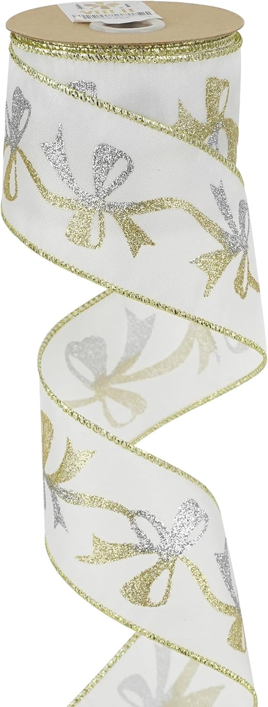 MEEDEE Gold & Silver Christmas Ribbon - 2.5 Inch White Satin with Glittery Bows Pattern - 10 Yards Wired Ribbon for Tree, Garlands & Toppers
