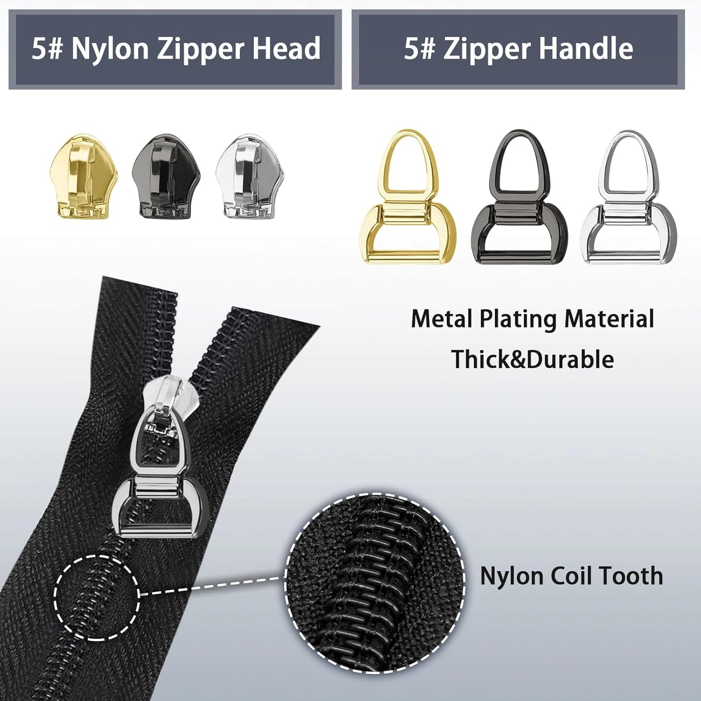 VICHERIA Zipper Repair Kit (45 Pcs), Universal Zippers for Sewing, Replacement Slider Pull Fix Kit for Jackets, Coat, Boot, Backpack, Purse (5#-B-9Pcs)