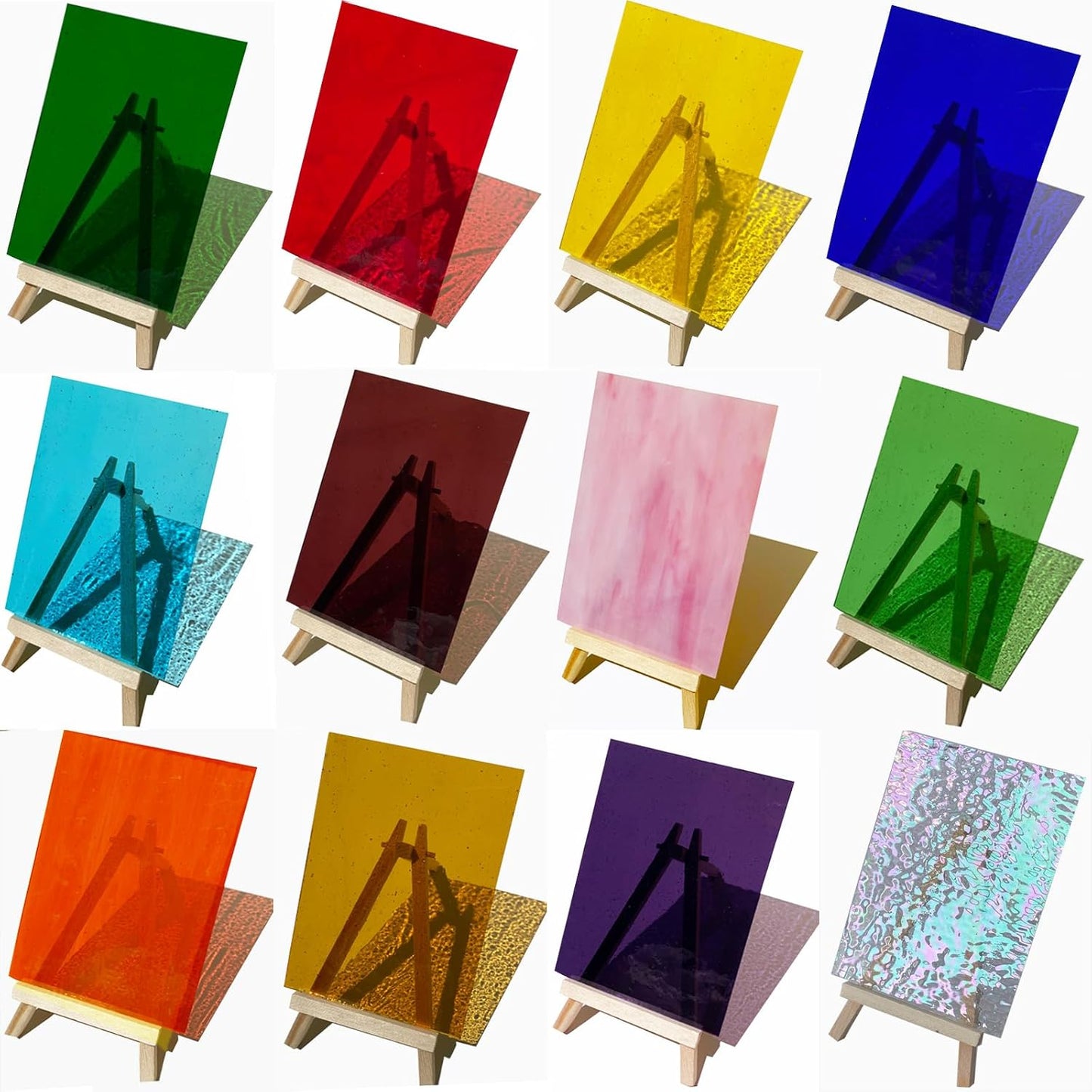 ILLUCKAI 12 Sheets Rainbow Transparent Stained Glass Sheet, 4 x 6 inch Cathedral Art Glass Supplies for Stained Glass Projects and Mosaic Making Crafts