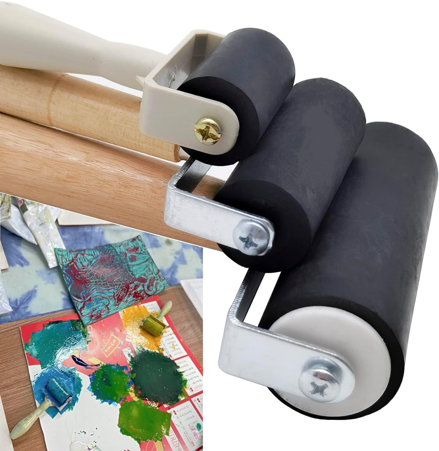 4 Pack Rubber Roller - Brayer Rollers with 3 Size for Crafting Brayer Rollers for Printmaking Brayer Tool Paint Brush Ink Applicator Art Craft Oil Painting Tool 1.4 in,2.4 in,4 in + 1 Scraper HRJZF