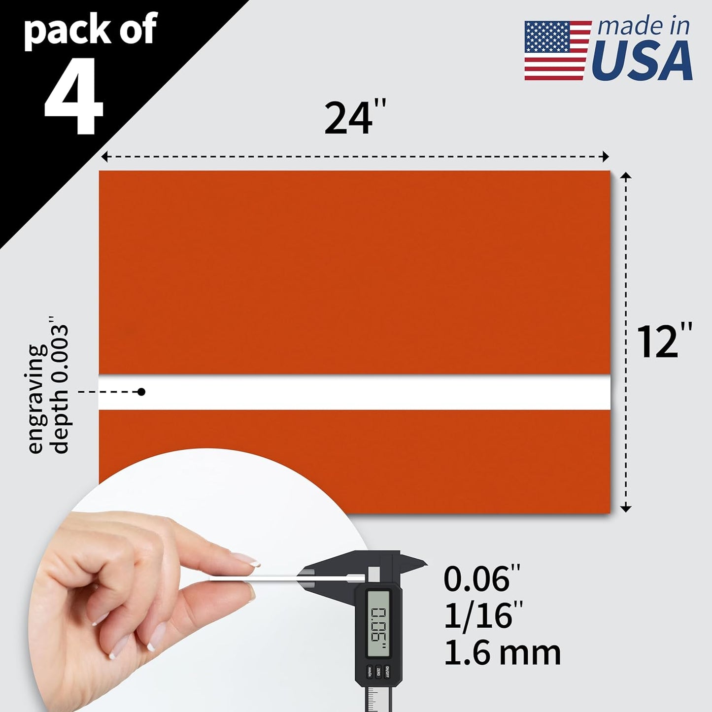 Trotec TroLase | 12"x24"x1/16", 4 Pcs | Orange/White | 2 Ply | Modified Acrylic | Laser Engraving Double Color Plastic Sheet | Engraving Blanks for Laser, Saw, Guillotine | Made in USA
