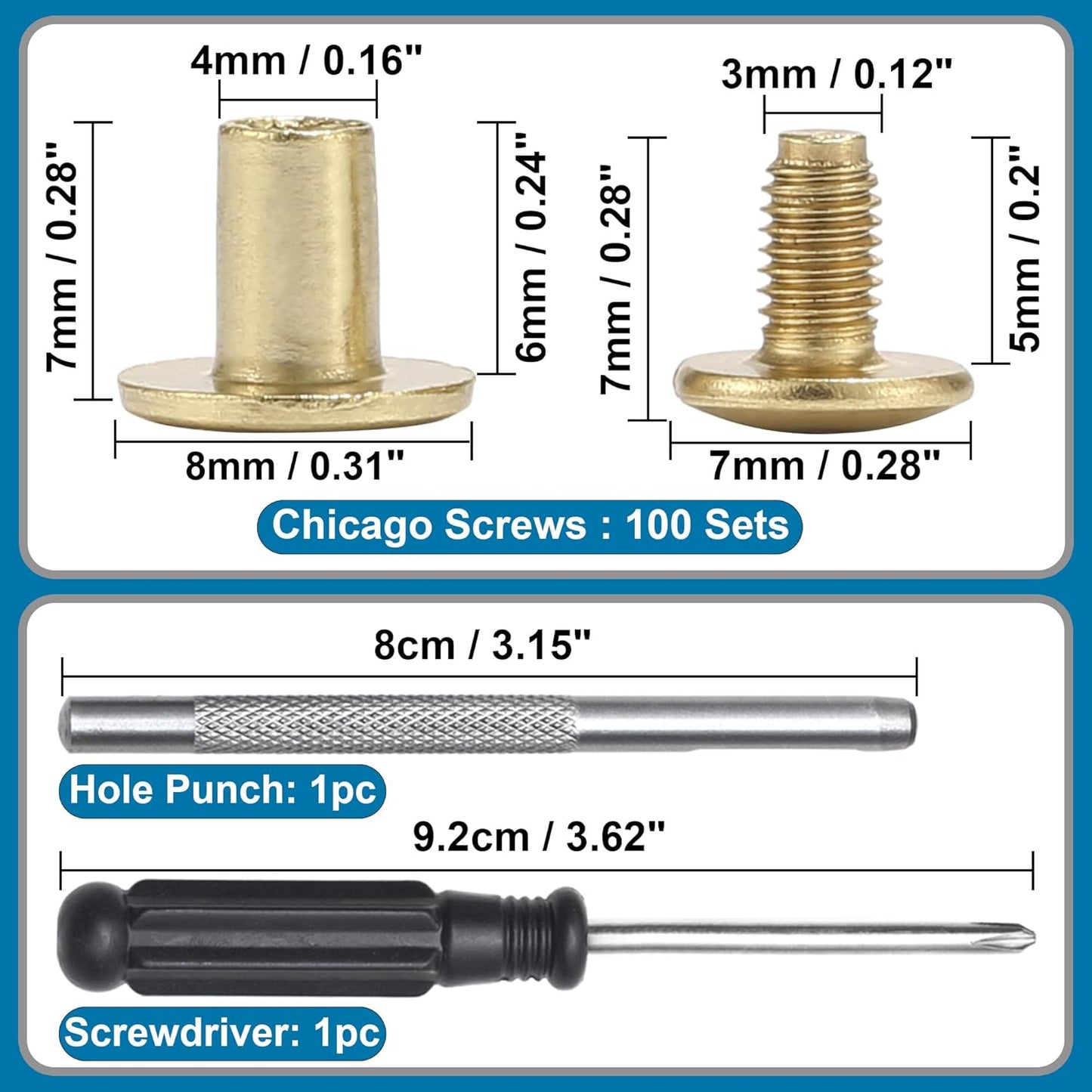 YORANYO 150 Sets 8MM Chicago Screws Leather Rivets for Fabric Chicago Binding Screws Buttons Metal Studs Rivets for Decorate and Repair Belts Bags Shoes Purse Dog Collar Leather Craft (Gold)