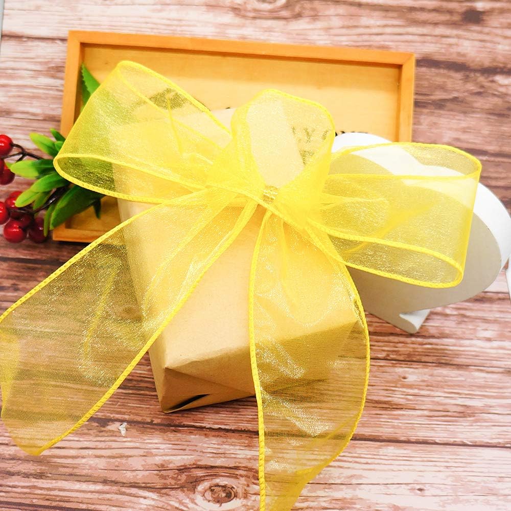 CT CRAFT LLC Sheer Organza Wired Ribbon 2.5" x 25 Yards x 2 Rolls Yellow for Wedding Chair Bow Flora Bouquet Gift Wrapping Christmas Tree Home Decor Wreath