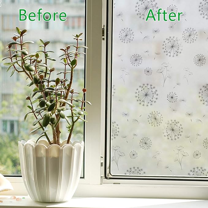 FILMGOO Window Privacy Film 4D Decorative Stained Glass Window Sticker Non-Adhesive（Dandelion,35.4 Inch x 13.1 Feet）