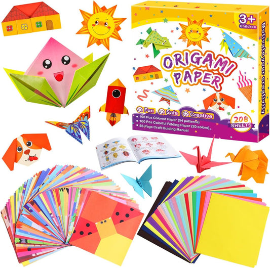 Pigipigi Kids Craft Origami Paper Kit for Kids Ages 5-8 8-12, with Guiding Book, 208 Sheets DIY Art and Crafts Supplies, Colorful Folding Papers Set Projects Gifts Activity for Boy Girl Toys(Cartoon)
