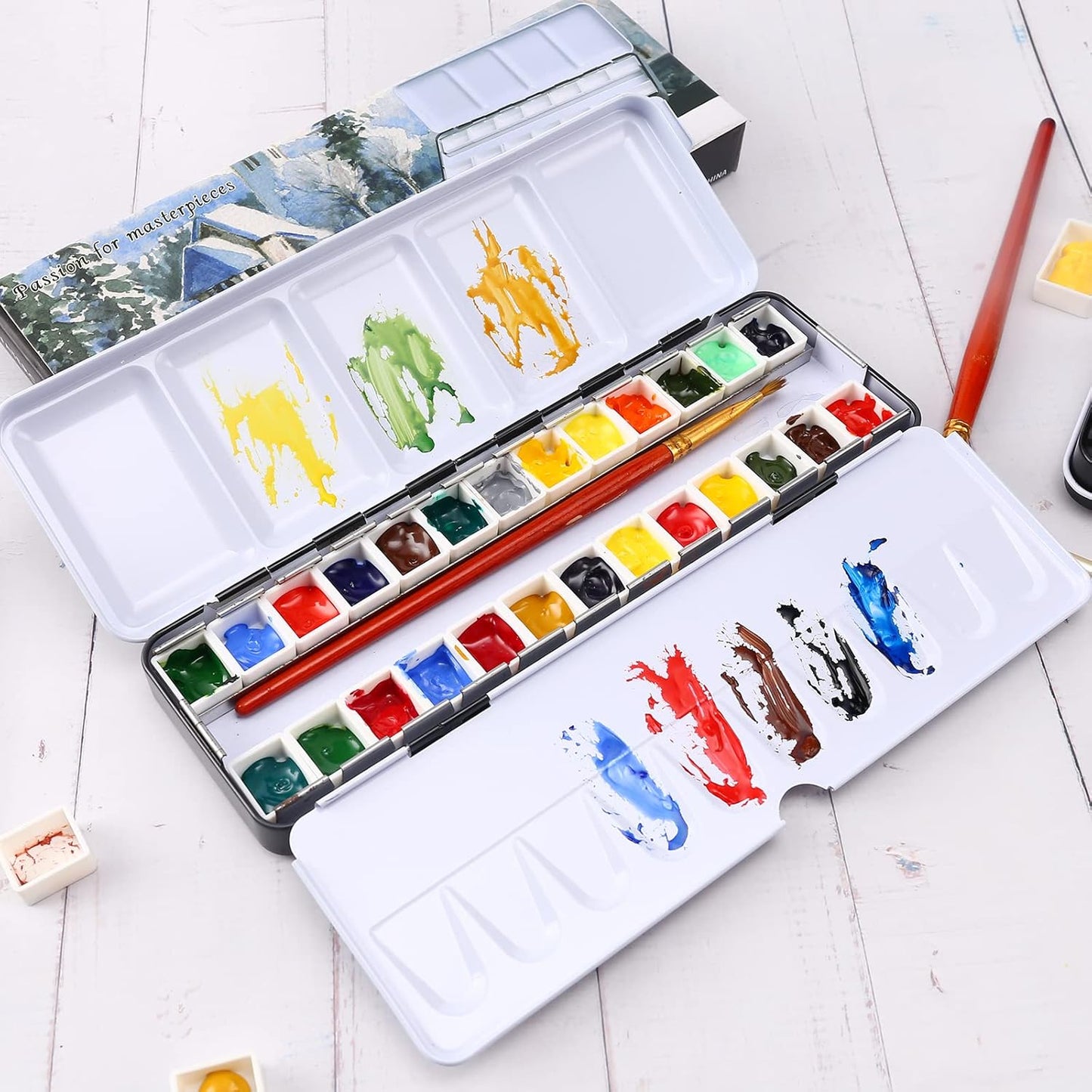 LOONENG Metal Watercolor Tin with Fold-Out Palette, Medium Tray Palette with 26 Empty Half Pans for Plein Air, Acrylic and Oil Painting
