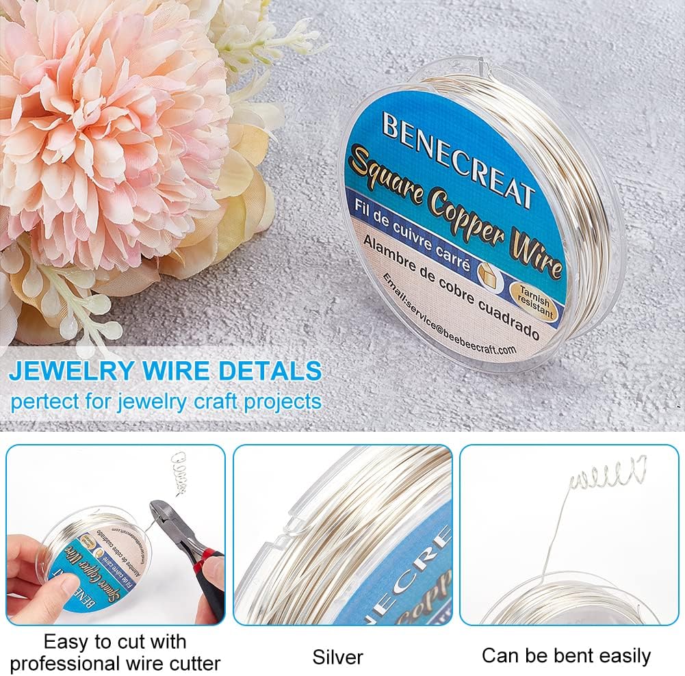 BENECREAT 32.81 Feet 24 Gauge Silver Square Copper Wire, Craft Copper Wire Tarnish Resistant Jewelry Material for Jewelry Making