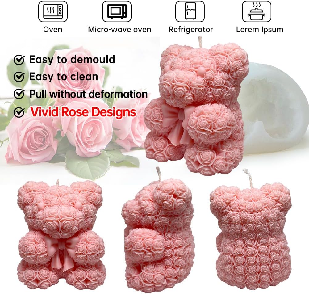 Bowtie Rose Bear Candle Mold - Resin Candle Making Molds, Epoxy Resin Silicone Molds for DIY Candle, Mother's Day Gifts, Birthday Gifts,Home Decor(Bow Tie Bear Extra Large)