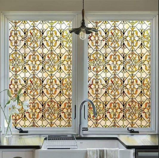 3D Stained Glass Window Privacy Film, Heat Control UV Blocking Static Cling Decorative Window Film for Bathroom,Front Door,Home Non Adhesive,GiltGaze 16.9 x 78.7 inches