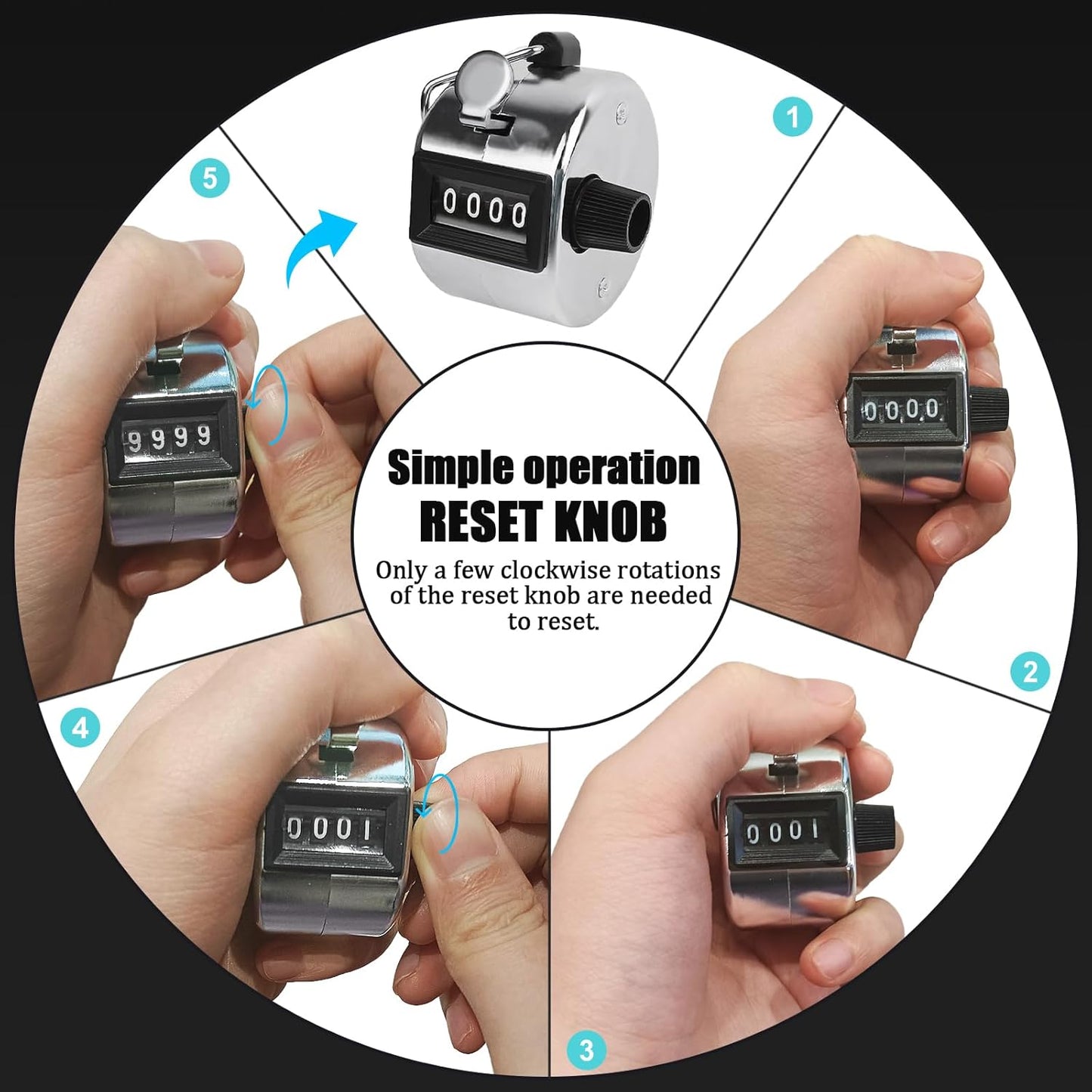 GDMINLO Metal Hand Tally Clicker Counter, 4-Digit Number Count Clicker with Metal Case Mechanical Counter for Coaching, Knitting, Lap, Fishing, Golf and Row with 2-Nylon Lanyard,Silver