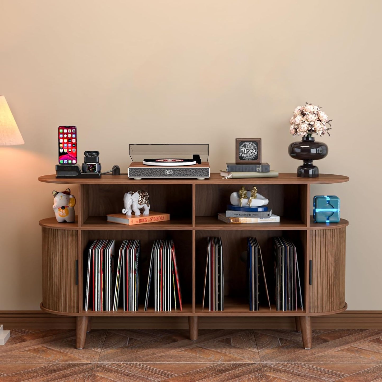 Large Round Record Player Stand with Charging Station & USB Ports，Record Storage Cabinet, Mid Century Modern Turntable Stand for Bedroom Living Room (Walnut)