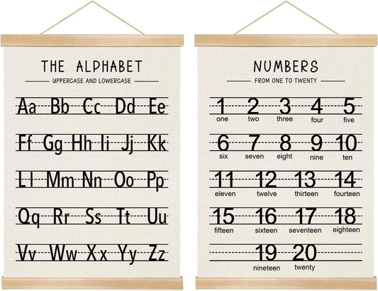 Alphabet and Numbers Wall Chart Set of 2 ,Kids Educational Posters,ABC and 1-20 Number Learning Banners for Toddlers, Preschool Classroom, Homeschool, Nursery, Playroom Decor 14 x 18.5 Inch (Black)