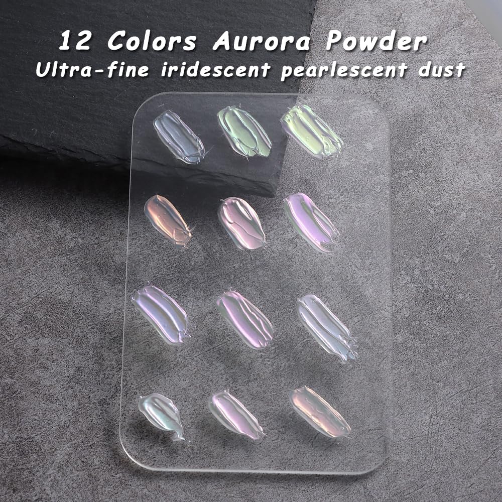 12 Jars Mermaid Chrome Nail Powder, Iridescent Aurora Powder Pearlescent Dust Metallic Mirror Glitter Effect Pigment Nail Art Glitter Manicure Decoration for Home DIY Salon
