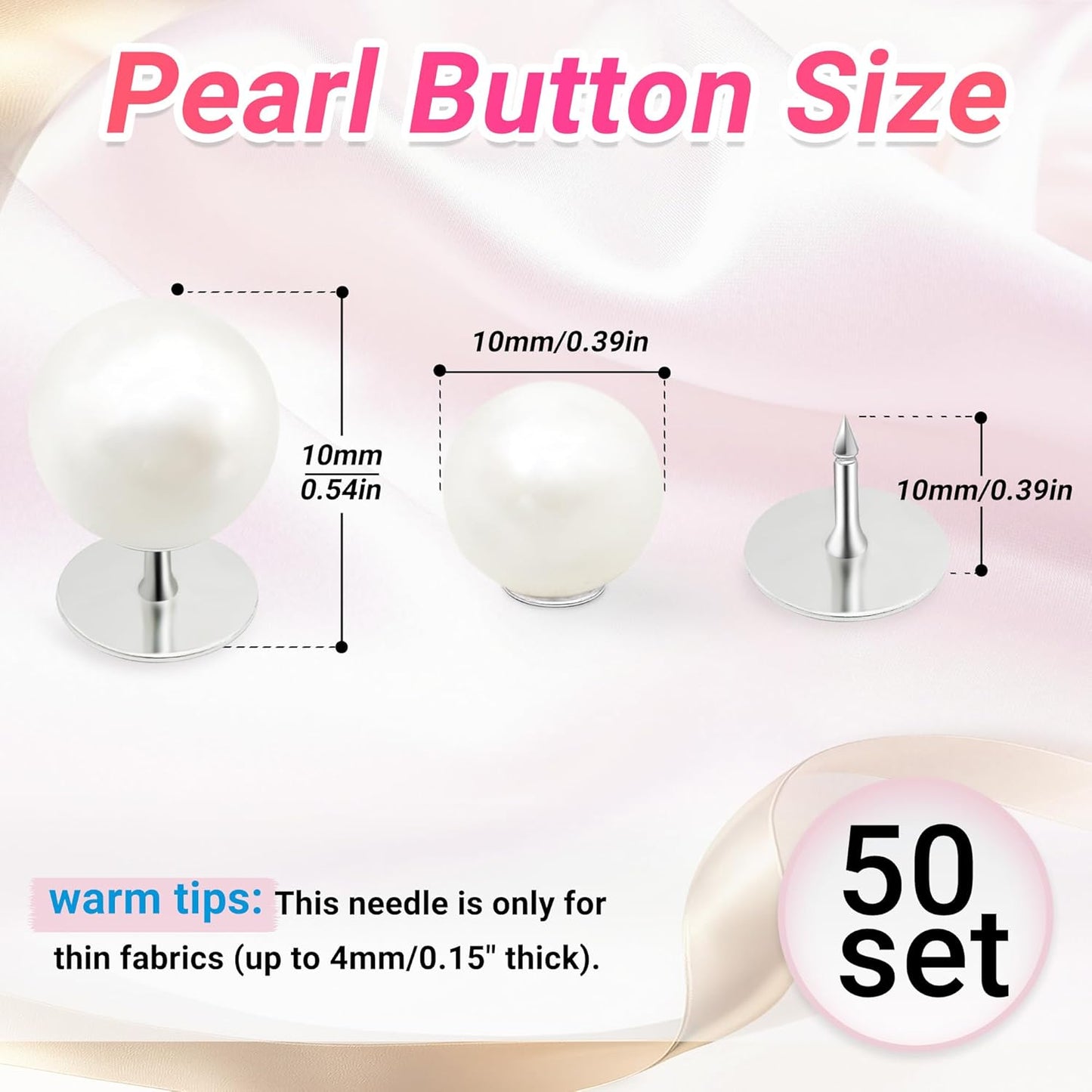 50 Sets Pearl Buttons No Sew Buttons for Clothes, 10mm Pearl Brooch Pins Reusable for Women, White Safety Pins for Dresses, Shirts, DIY Crafts, Fashion Decorative Accessories