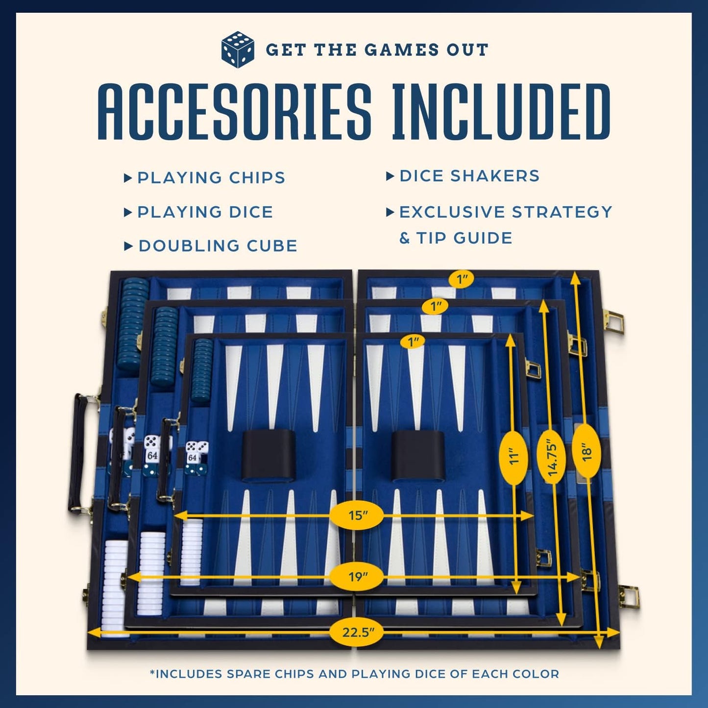 Get The Games Out Top Backgammon Set - Classic Board Game Case - Best Strategy & Tip Guide - Available in Small, Medium and Large Sizes (Blue, Large)