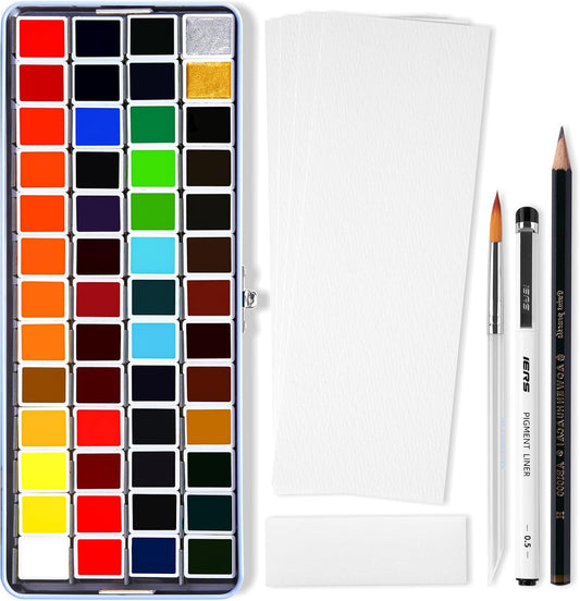 MeiLiang Watercolor Paint Set 52 Colors in Half Pans with Drawing Pencil, Paint Brushes, 5 Watercolor Paper, Sponge, Black Drawing Pens, Art Supplies for Adults Travel Watercolor & Blue Box