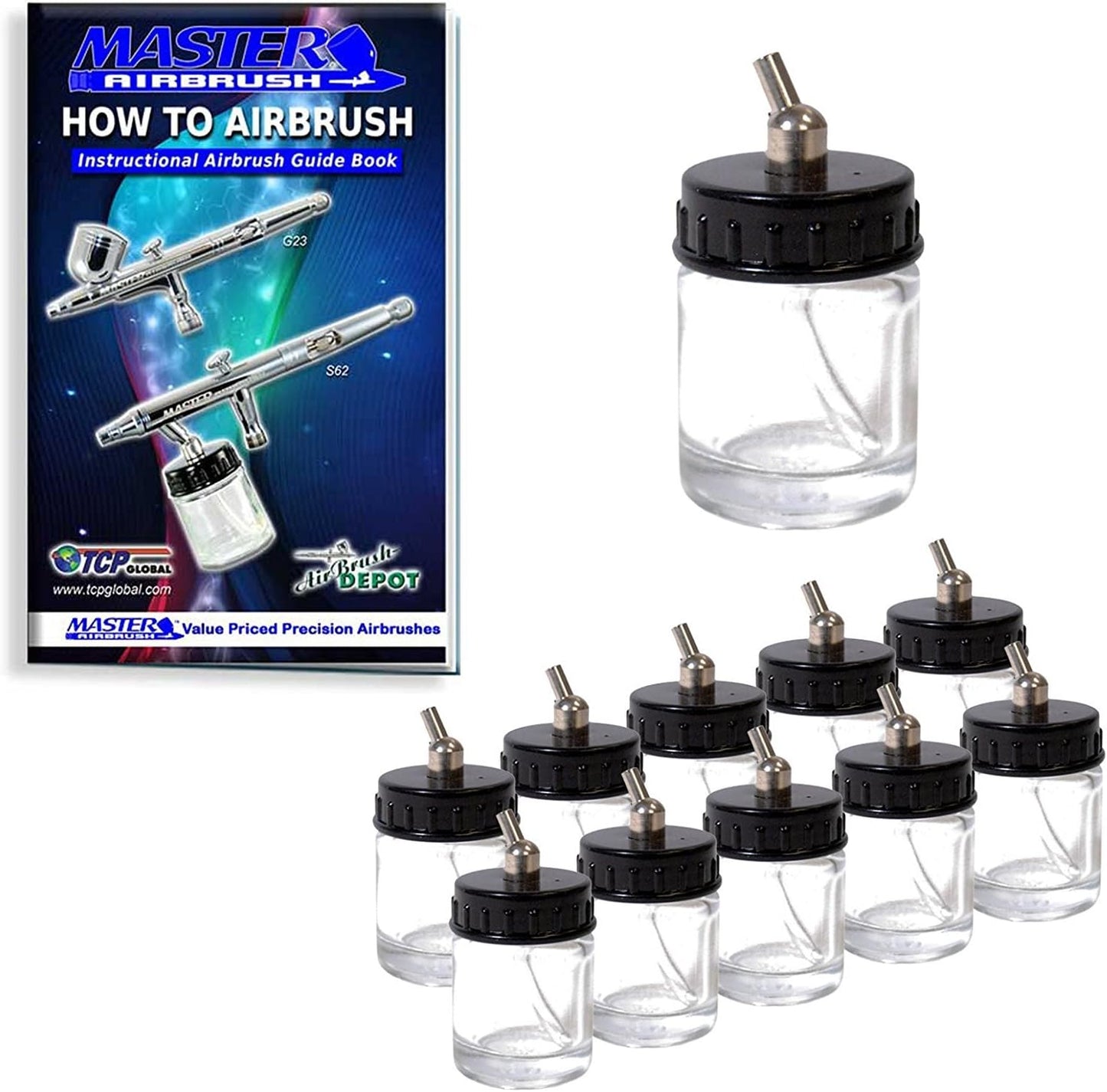 Master Airbrush (Pack of 10) TB-002 Empty 3/4 Ounce (22cc) Glass Jar Bottles with 30° Down Angle Adaptor Lid Assembly - Fits Dual-Action Siphon Feed Airbrushes, Use with Master, Badger, Paasche, Iwata