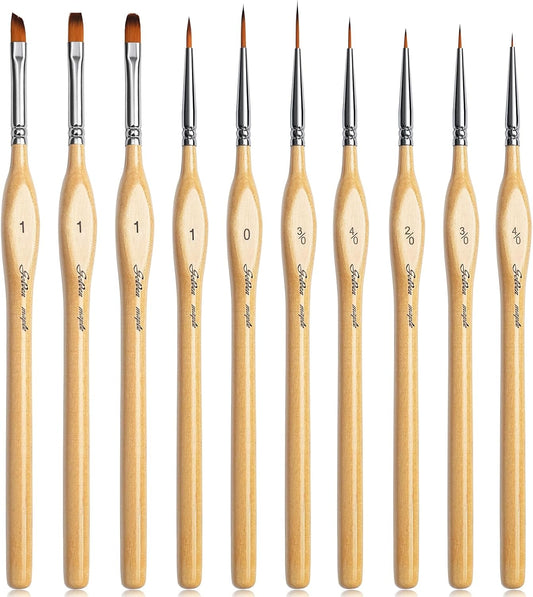 Golden Maple Miniature Paint Brushes 10pcs Detail Paint Brushes Flat Angle Filbert Fine Detail Brush Set for Acrylic, Watercolor, Miniature Models