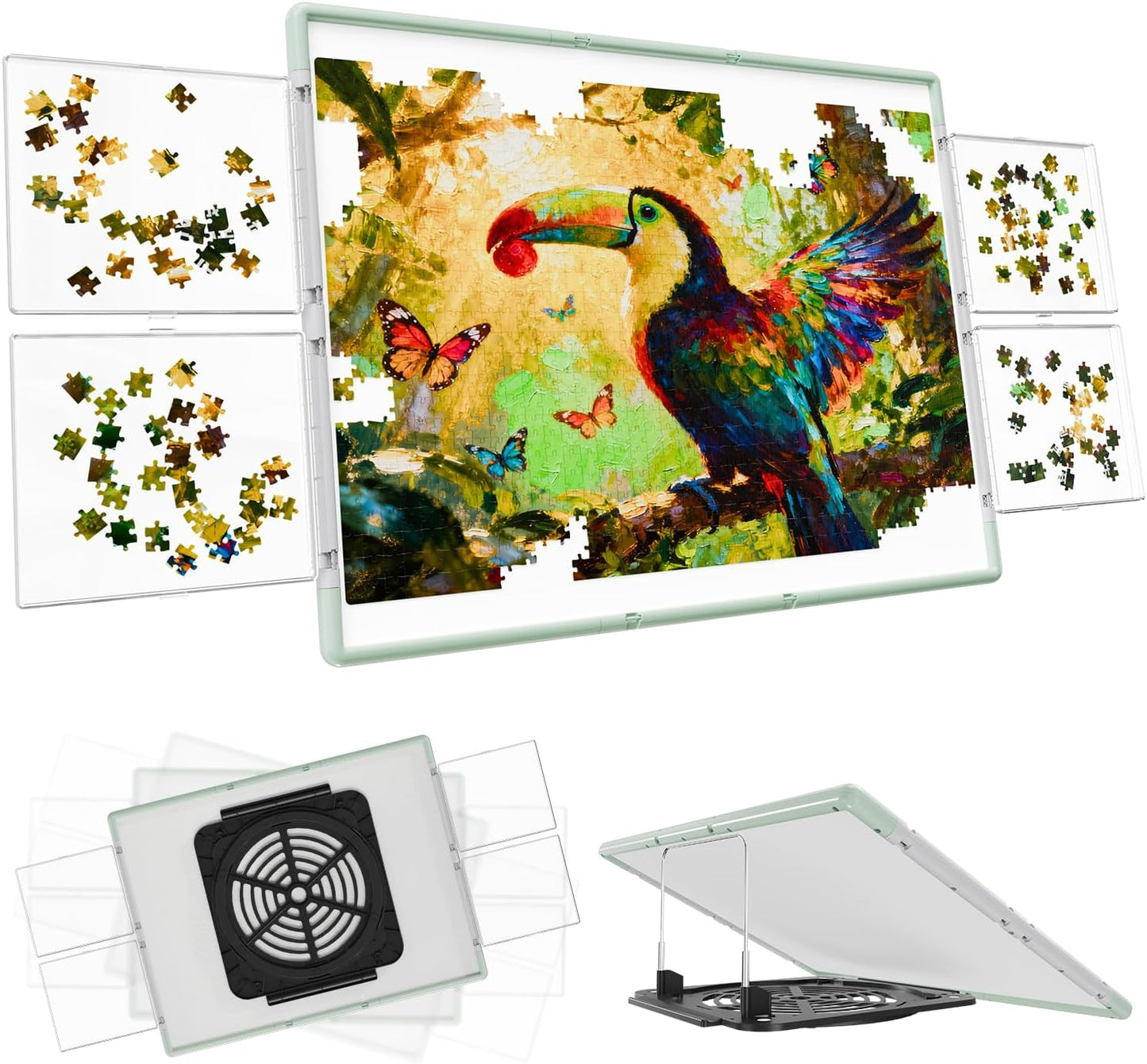 1500 Pieces Puzzle Board 3-in-1 Double-Sided & Rotating & Tilting, Plastic Puzzle Table with Sorting Boxes and PVC Cover, Portable Lazy Susan Jigsaw Puzzle Board for Adults, Gray Green