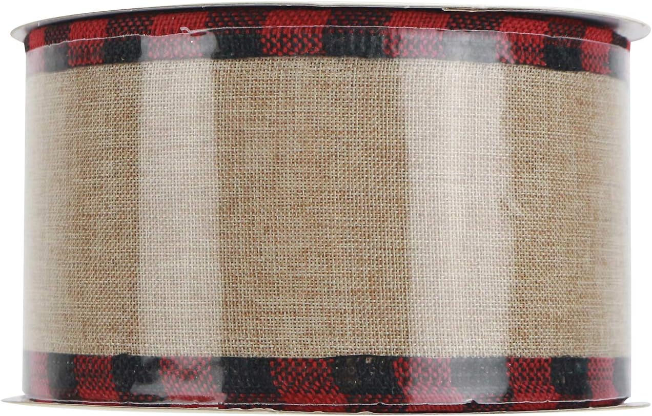 MEEDEE Burlap Christmas Ribbon Wired Burlap Ribbon 2.5 Inch 10 Yards Fall Burlap Ribbon with Red and Black Buffalo Check Edging Wired Plaid Burlap Ribbon for Christmas Tree, Wreath Making