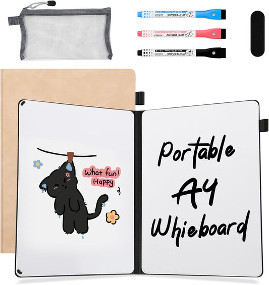 AGM Portable White Board Dry Erase Notebook, 12" x 9" Double Sided Folding Whiteboards with 3 Pens, Small Travel Dry Erase Board Skin-Friendly Material for Study, Meeting, Planning, Tuscan