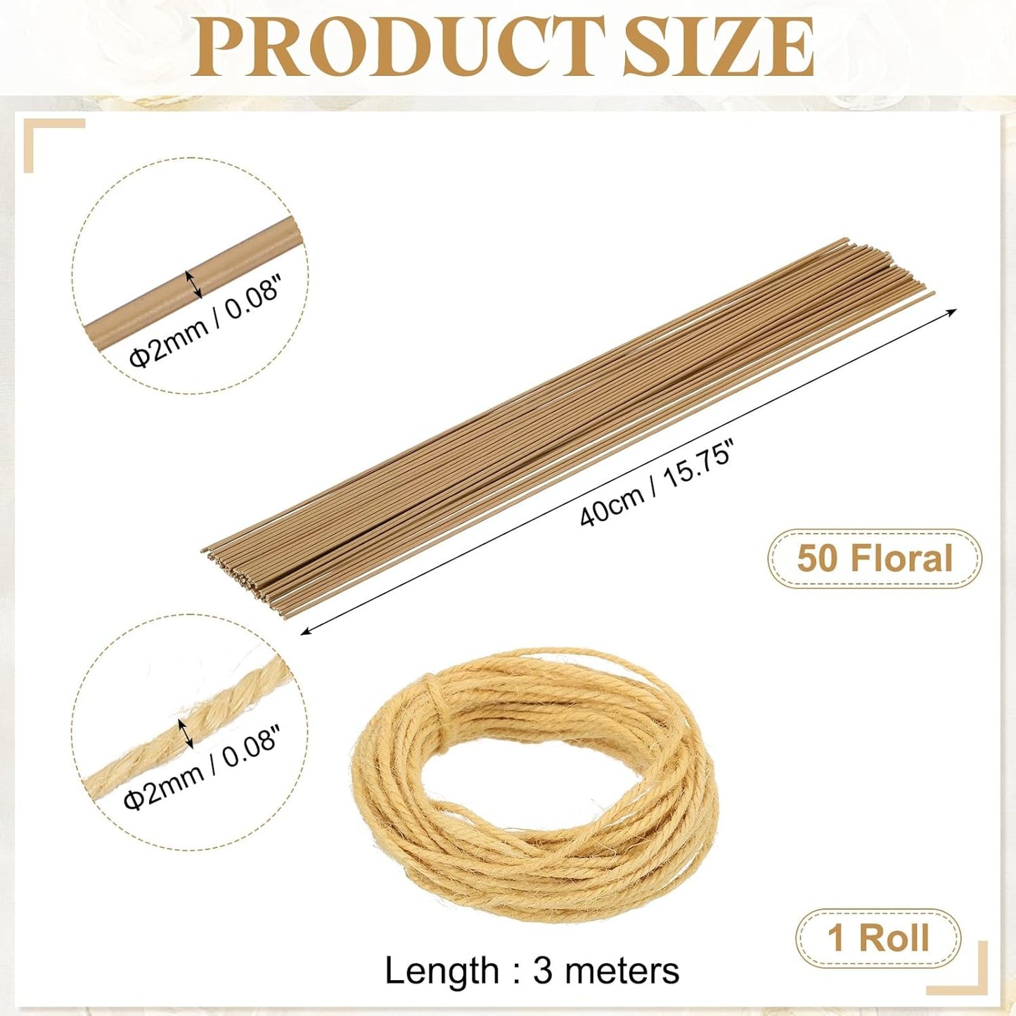 uxcell 50Pcs 2 Gauge Floral Wire, 15.75" Length Flower Stem Wires with 0.08" x 32.8ft Twine for Wreath Making, Flower Arrangement, Yellow