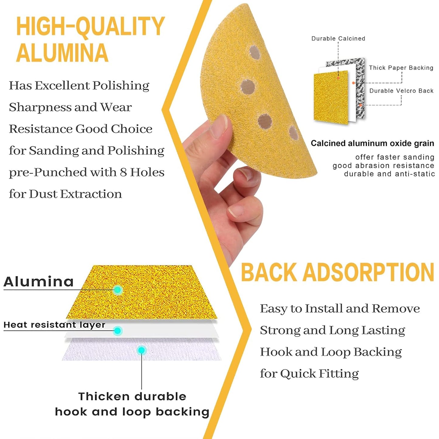 100PCS 5 Inch 8 Hole Sanding Discs 800 Grit,Gold Round Hook and Loop Sandpaper for Random Orbital Sander