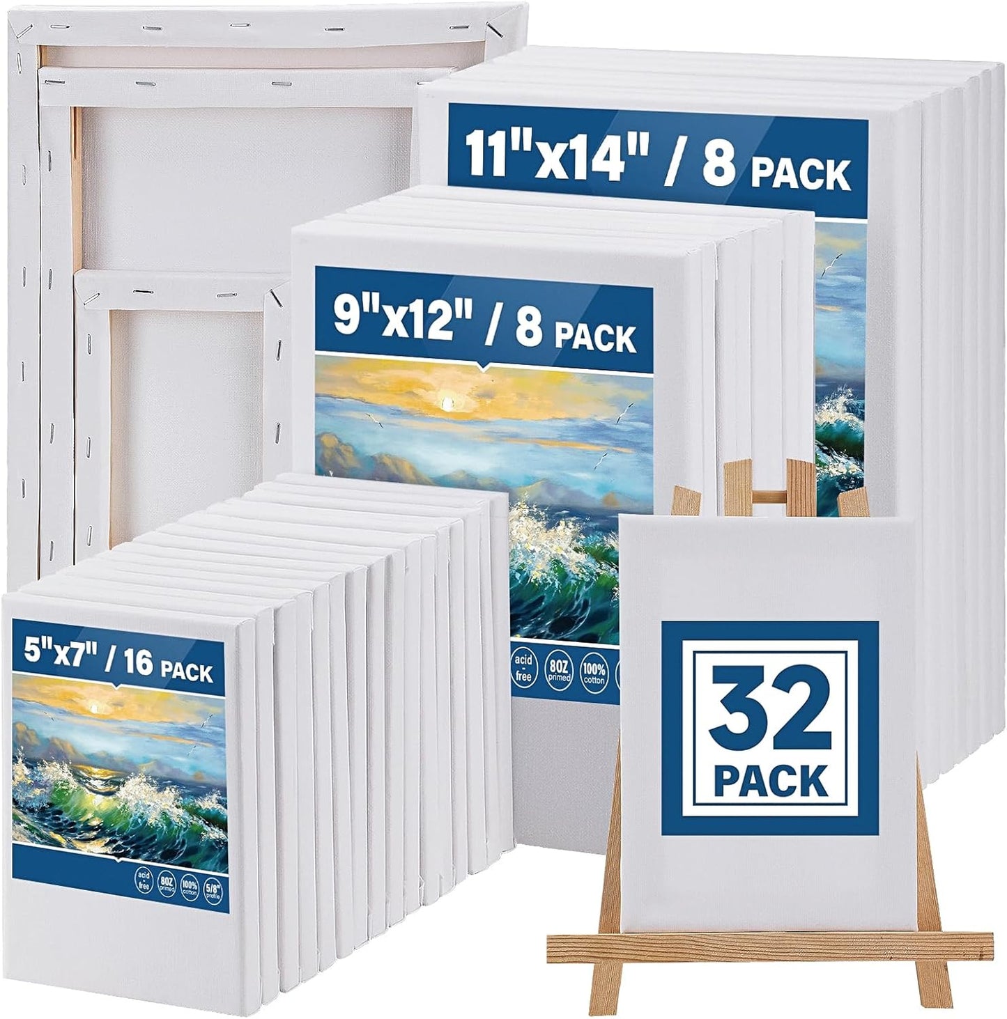 32 Packs Professional Stretched Canvas for Painting, Blank Canvas Art with 5 * 7in, 9 * 12in, 11 * 14in, Value Pack for Acrylic, Oil, Acrylic Pouring