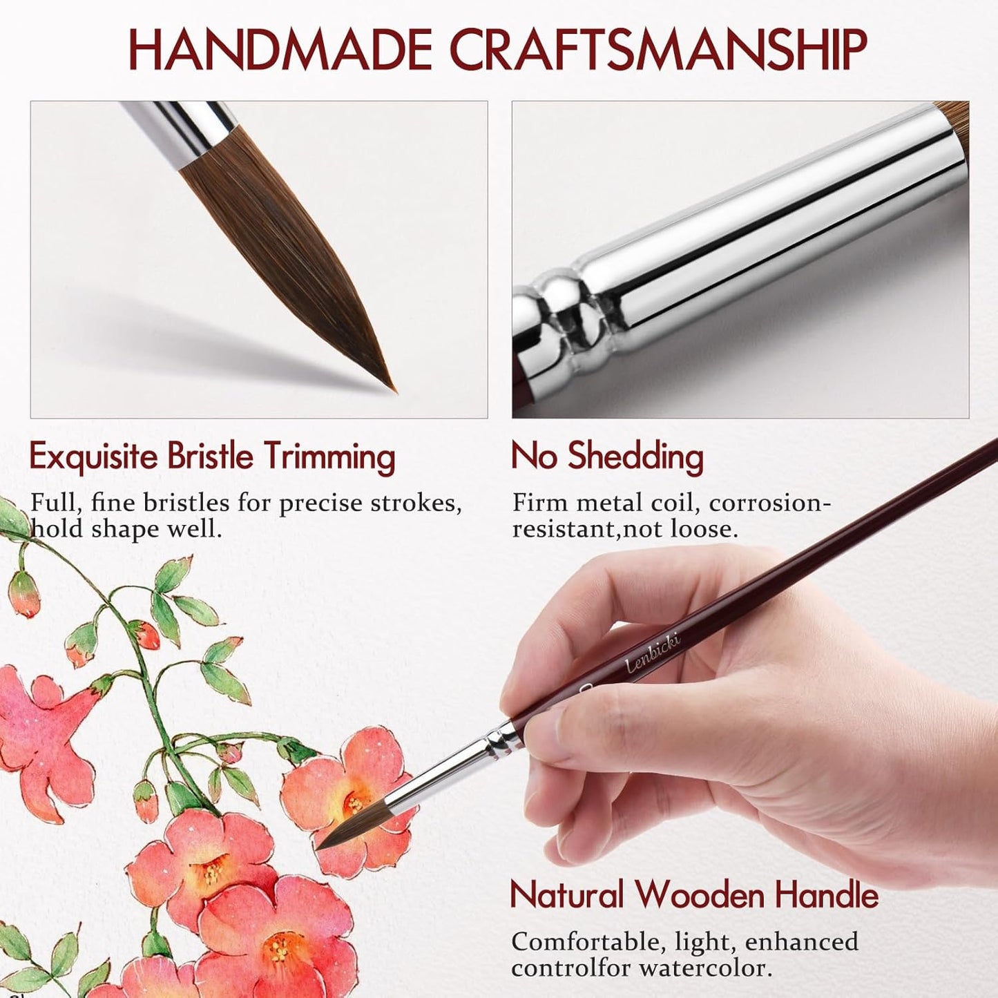 Sable Paint Brushes Professional Watercolor Paintbrushes Set for Artists 9pcs, Ideal for Watercolor, Acrylic, Includes Round Pointed, Flat, Cat's Tongue