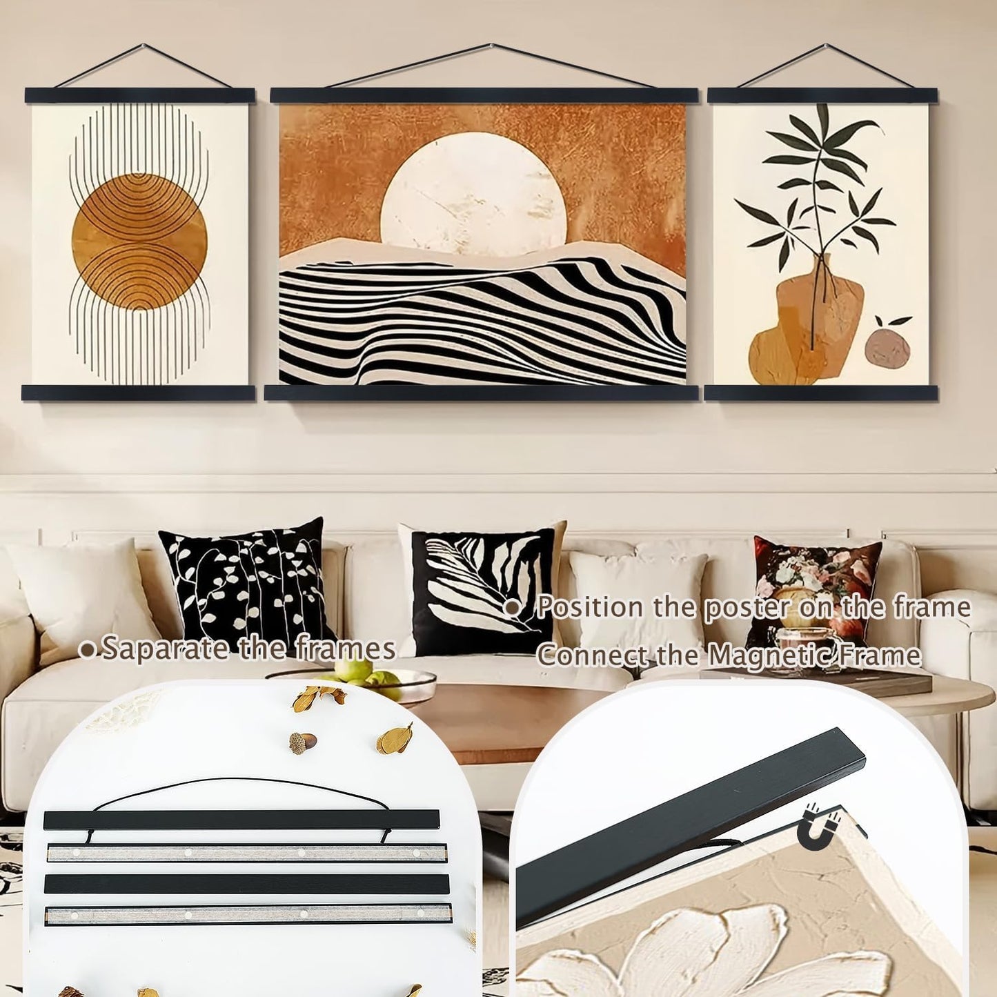 Artmag Magnetic Poster Hanger Frame, 9x24 9x12 9x11 Light Wood Wooden Magnet Canvas Artwork Print Poster Hangers Frames Hanging Kit (Black, 9")