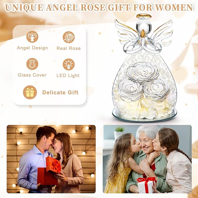 Beferr Valentines Day Rose Gifts for Her Women Mom Gifts for Birthday, Fresh Flowers for Delivery Forever Preserved Rose in Glass Angel Figurine, for Grandma Wife Daughter Girlfriend