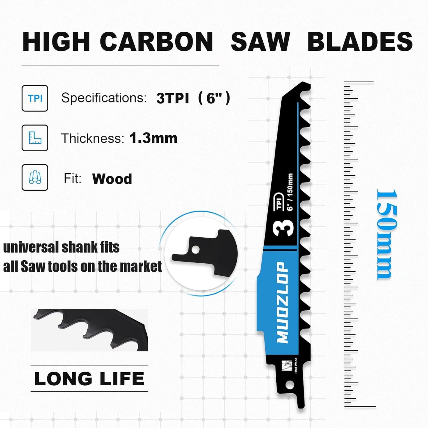 3 Pack 6 inch Reciprocating Saw Blades Set， 3 TPI High Carbon Saw Blades for Wood Cutting ，Saw Blades with Organizer Case (3, 3T/6inch)